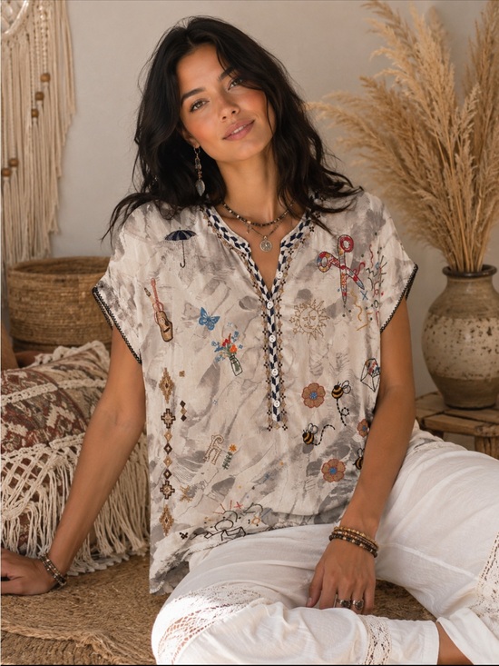 Johnny Was Tops - Johnny Was Biya Silk Embroidered Top